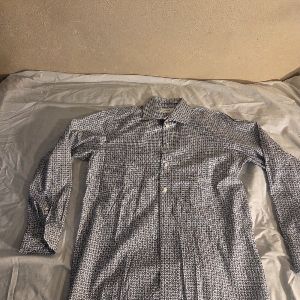 Eton Shirt Mens Large Blue Check Long Sleeve Contemporary Dress size 44 - 15 3/4